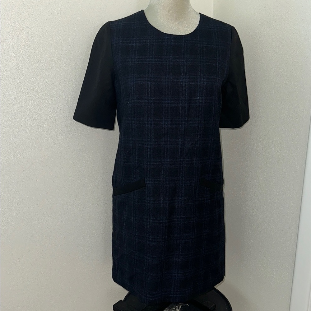 Jenni Kayne navy blue wool plaid mini dress shirt sleeve medium m 6